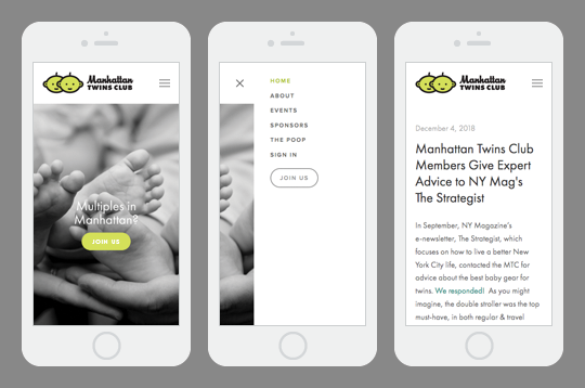 Manhattan Twins Club responsive website mobile view